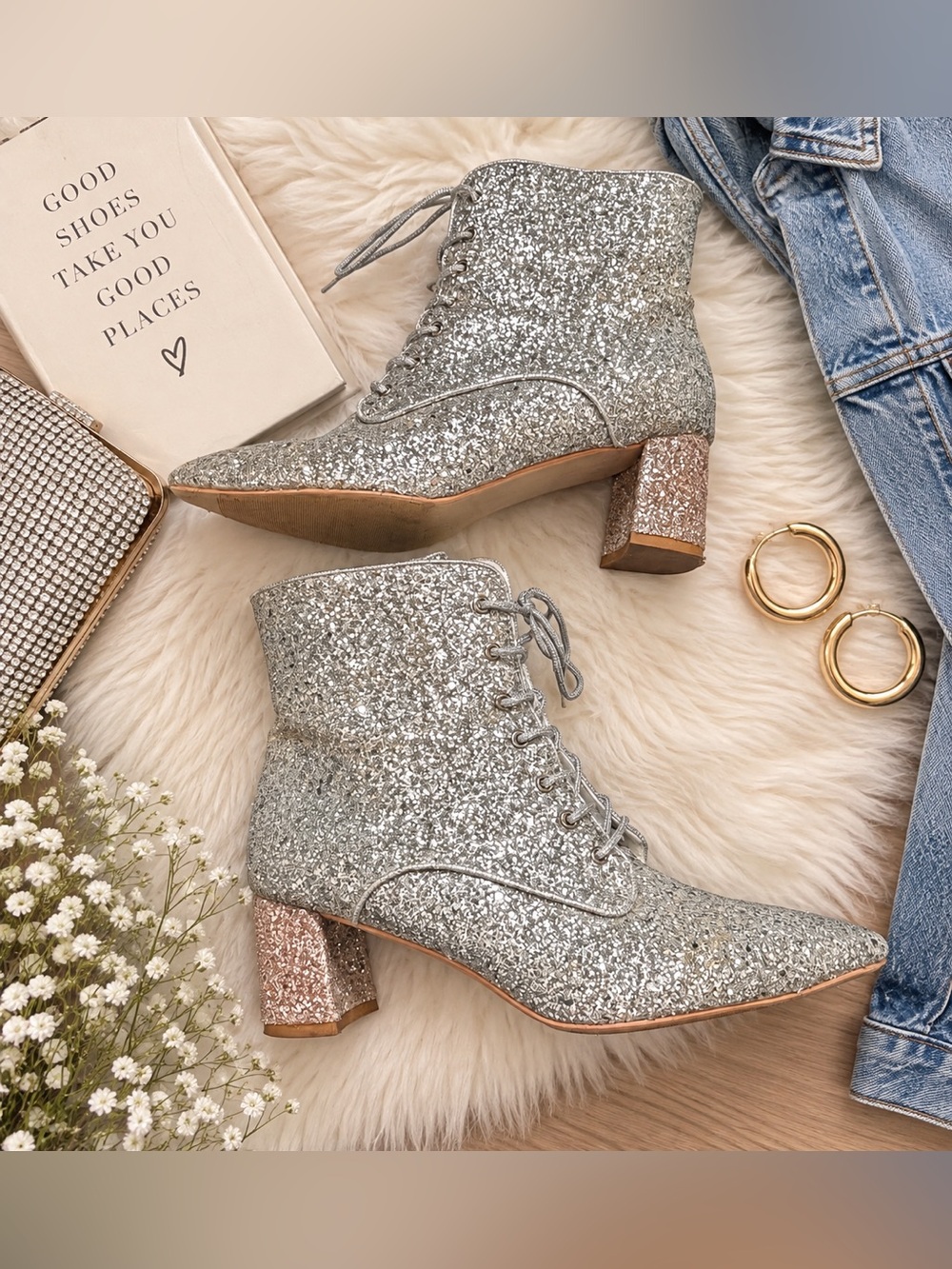 Silver Glitter Lace-Up Pointed Toe Block Heel Ankle Booties Women's 11